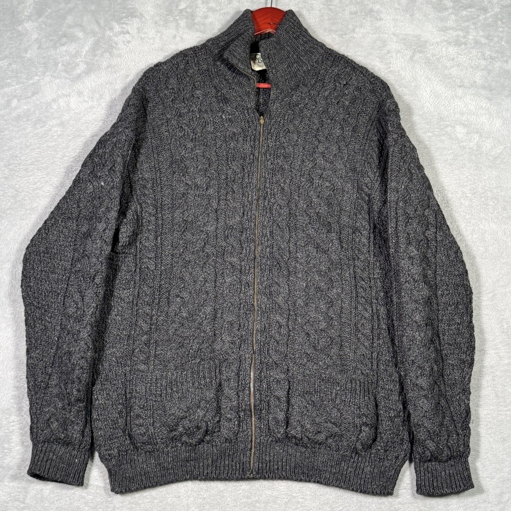 Carraig Donn Sweater Mens Medium Gray Wool Full Zip Cardigan Ireland Cable Knit‎